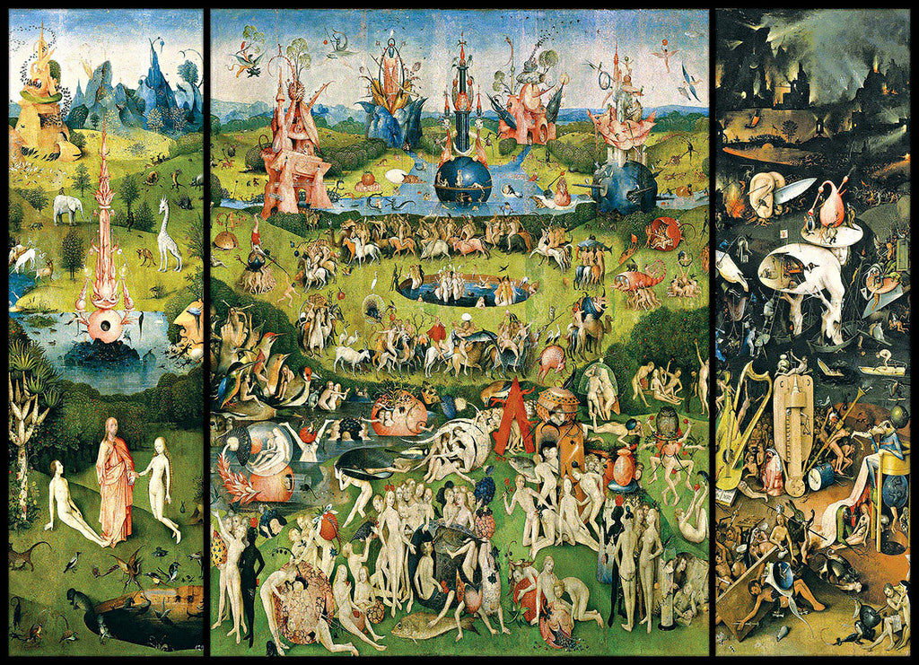 Hieronymus Bosch's The Garden of Earthly Delights triptych featuring three panels: the Garden of Eden on the left, a chaotic paradise of earthly pleasures in the center, and a surreal depiction of Hell on the right.