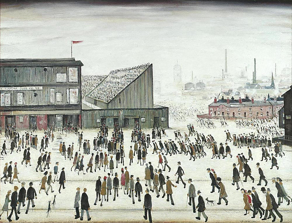 LS Lowry Going to the Match painting depicting football fans walking towards Burnden Park stadium in Bolton, capturing 1950s industrial northern England with detailed figures, buildings, and factory chimneys in the background.