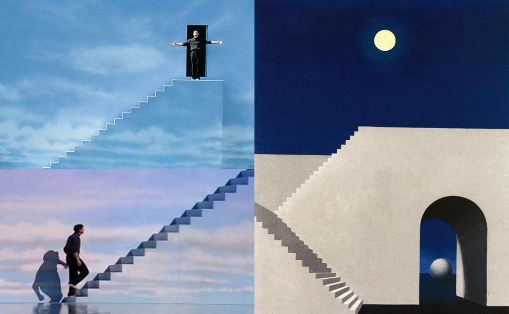 Scene from The Truman Show inspired by René Magritte’s Architecture au clair de lune, featuring a surreal suburban landscape with artificial lighting, reflecting the film’s themes of constructed realities and illusion.