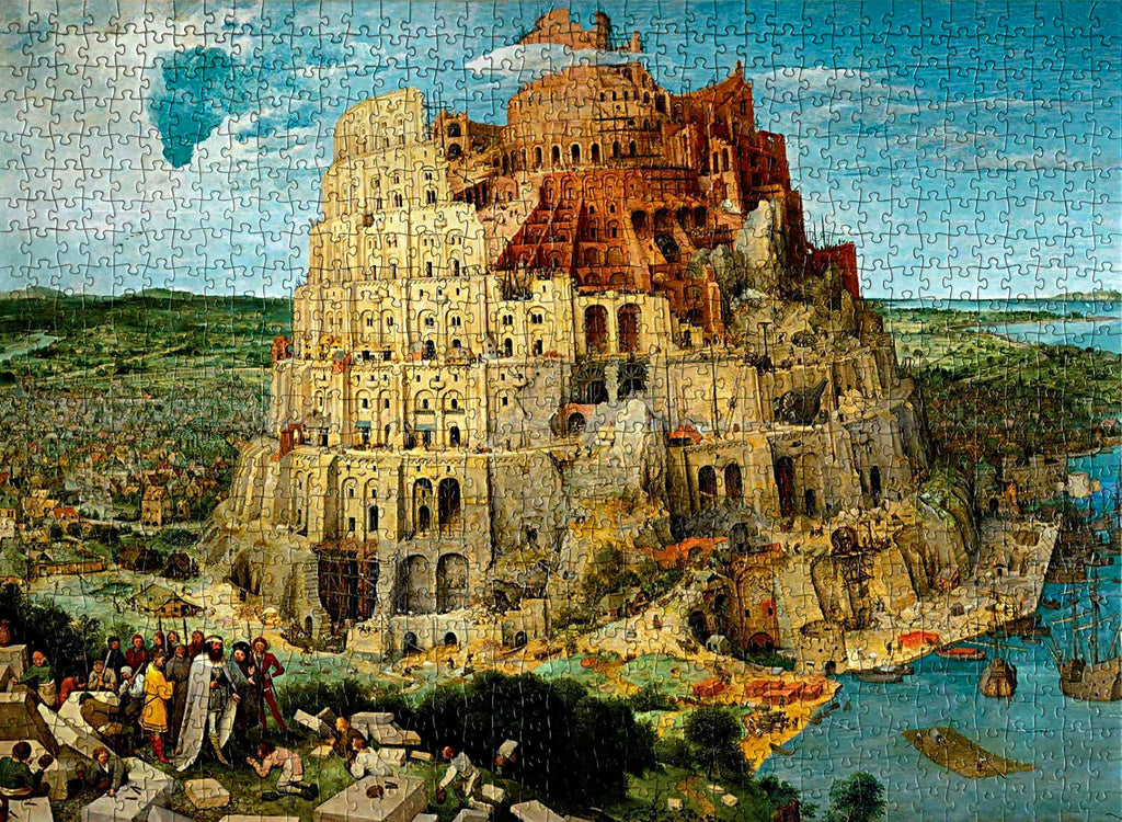 A 1000-piece jigsaw puzzle depicting Pieter Bruegel's famous masterpiece, 'The Tower of Babel.' The puzzle showcases a sprawling cityscape with a towering structure at its centre, surrounded by bustling activity.