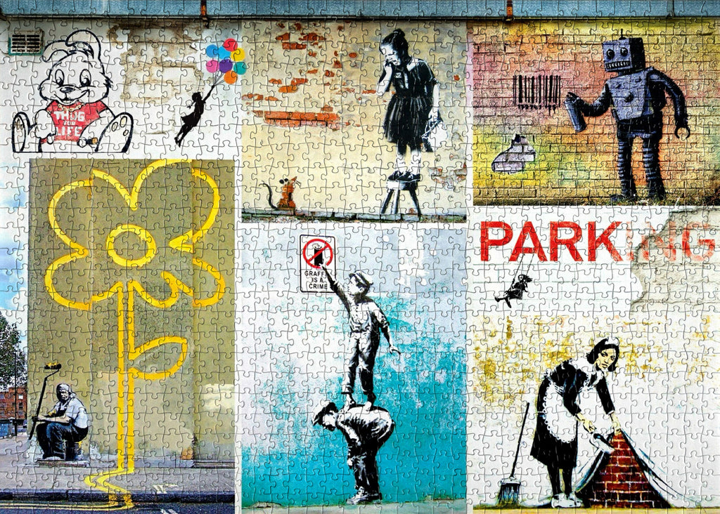 1000-piece Banksy jigsaw puzzle featuring iconic street art, perfect for adult puzzle enthusiasts and collectors.