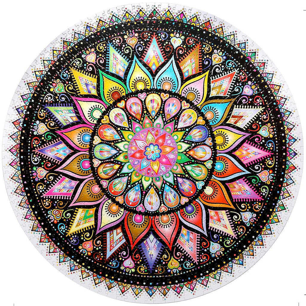 Bright and colourful round jigsaw puzzle featuring a stunning geometric mandala design for mindfulness and relaxation.